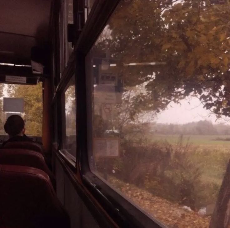 a man sitting on a bus looking out the window at an open field and trees