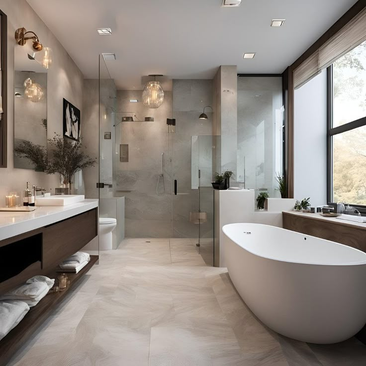 a bathroom with a large bathtub next to a window