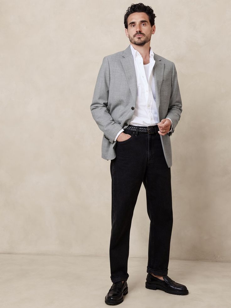 Signature Italian Rustico Suit Jacket | Banana Republic Men Suit Casual, Suit Jacket With Jeans, Cas Outfits, Construction Fabric, Grey Suit Jacket, Mens Kurta Designs, Mens Kurta, Suits And Jackets, Open Weave