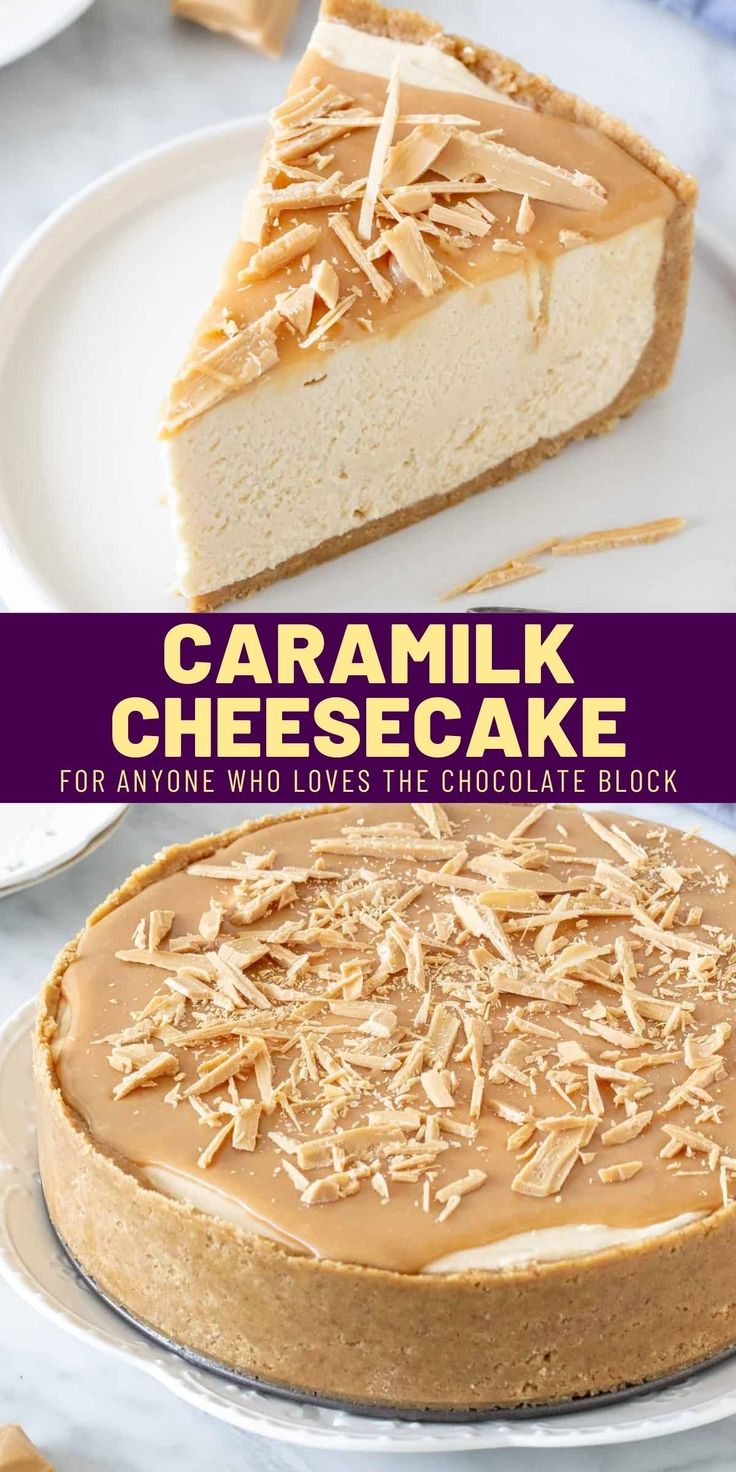 caramel cheesecake on a white plate with text overlay that says caramel cheesecake for anyone who loves the chocolate block