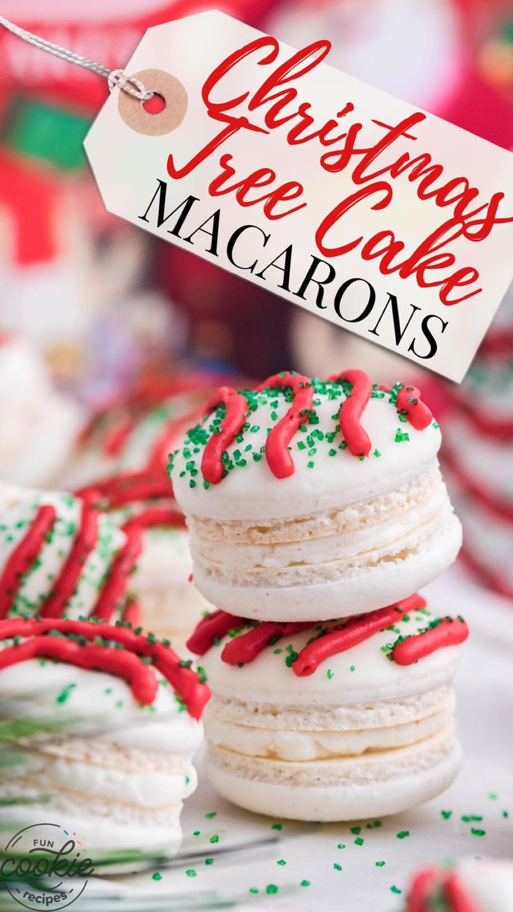 christmas ice cream macaroons with red and green sprinkles are stacked on top of each other