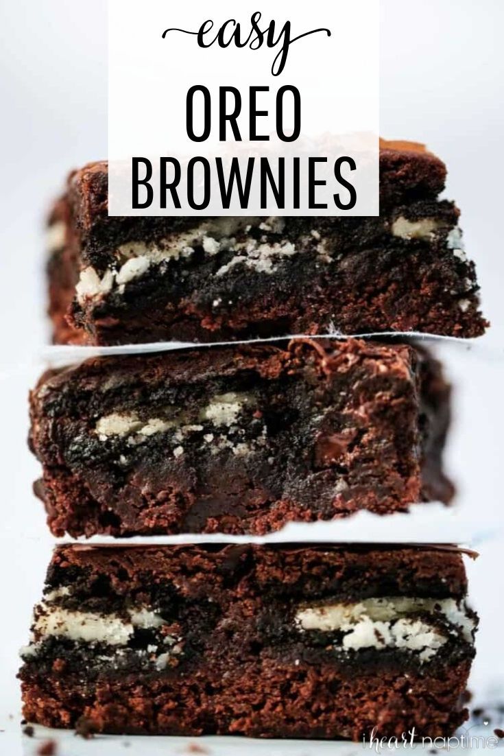 three brownies stacked on top of each other with the words easy oreo brownies above them