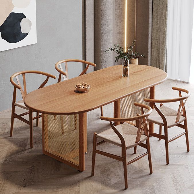 a wooden table with chairs around it