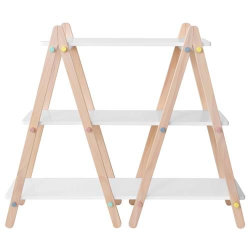 three tiered shelf with wooden legs and white shelves