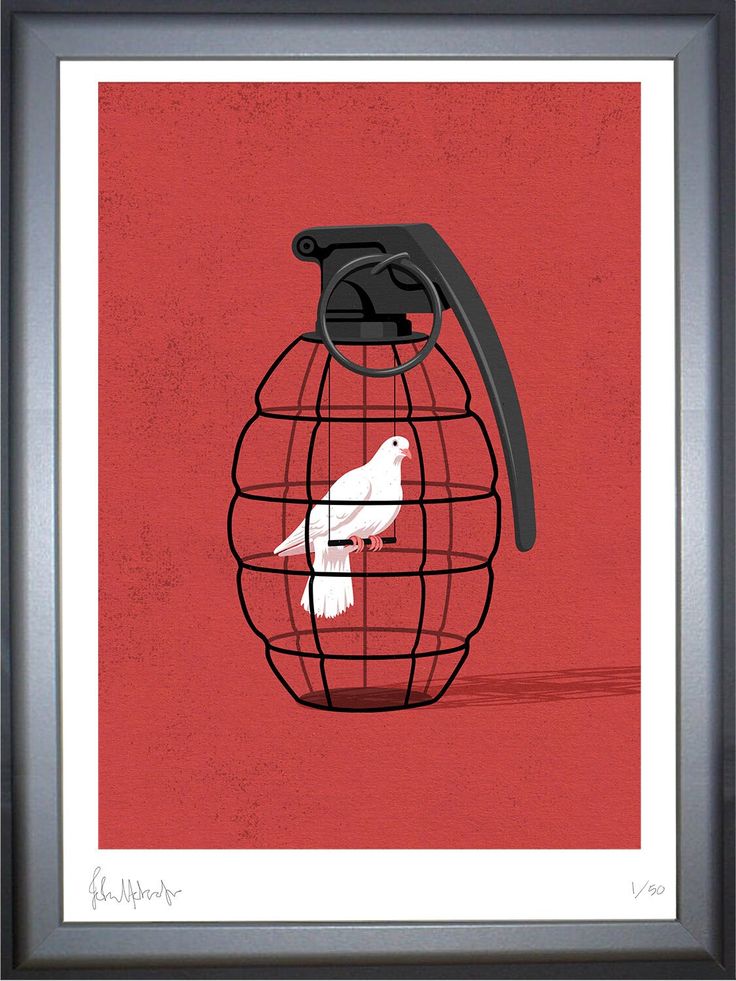 a bird in a cage on a red background with a black frame and white border