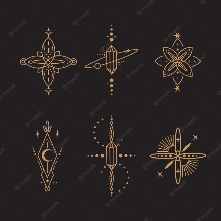 gold line art nouveau tattoo designs on black background with space and stars in the middle