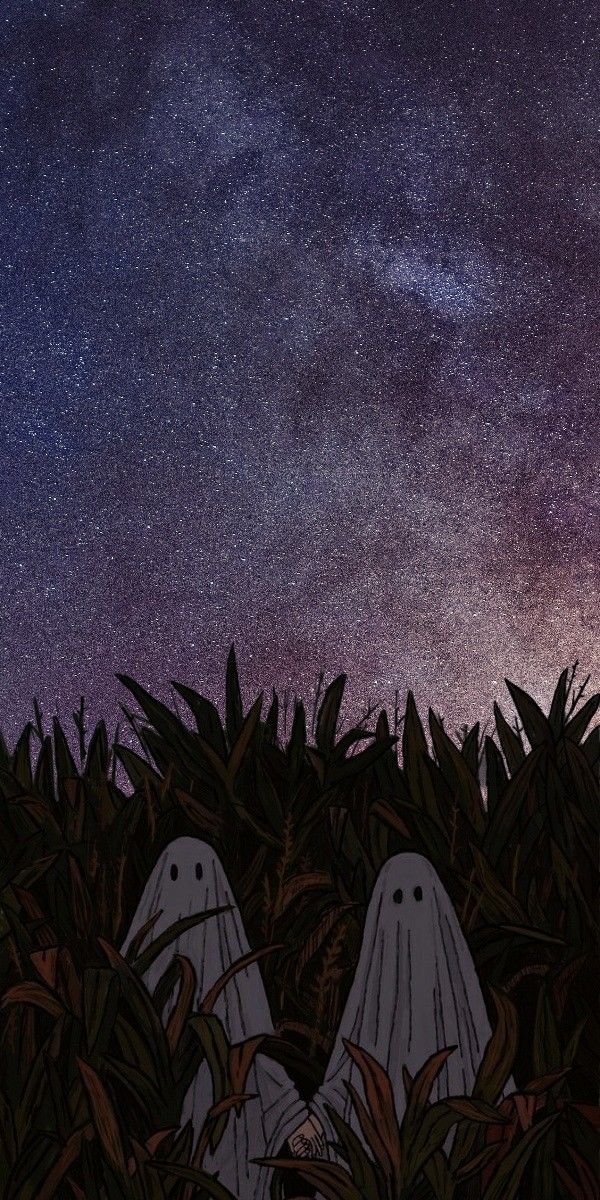 two ghost like figures in the middle of tall grass under a night sky filled with stars