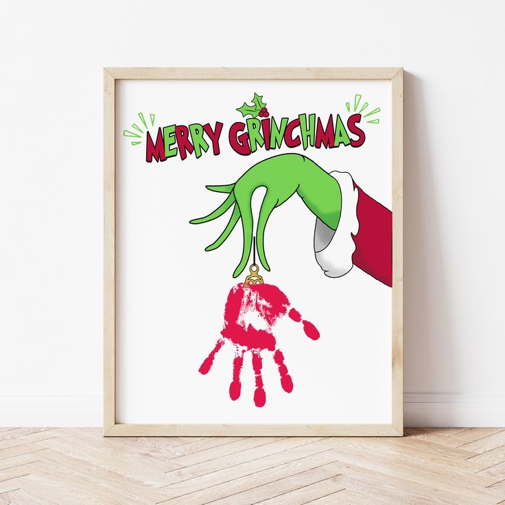 Grinch Craft | Grinch Handprint Art | Ollie + Hank Grinch Digital Art, Christmas Canvas Art With Kids, Grinch Footprint Craft, Christmas Canvas For Kids To Make, Gingerbread Man Handprint Art, Christmas Crafts With Canvas, Homemade Christmas Gifts For Uncle, Christmas Gift From Kids To Grandparents, Grinch Art For Toddlers