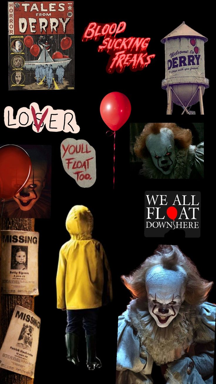 collage of creepy clowns and posters on black background with red balloon in center