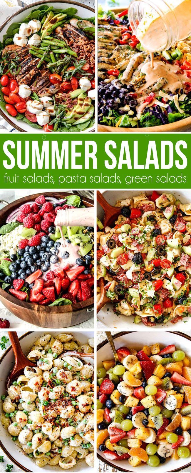 four different salads are shown in this collage with the words summer salads