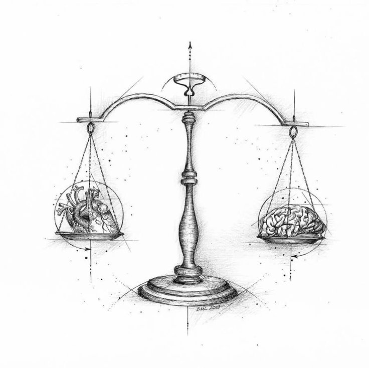 a drawing of two scales with an image of a human heart and brain on them