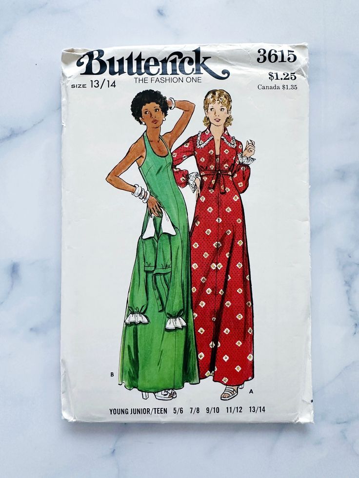 two women in long dresses on a white marble surface with the words butterick written above them