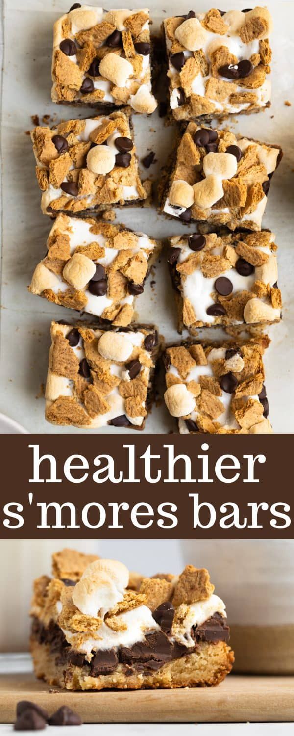 healthy s'mores bars with chocolate chips and marshmallows on top