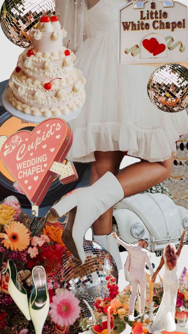 a woman in white dress standing next to a table filled with cakes and other items