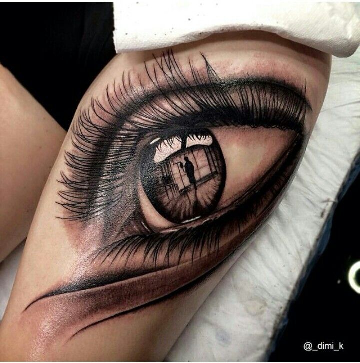 a close up view of an eye tattoo on the leg