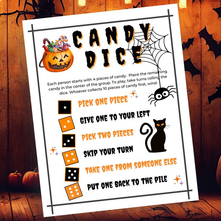 a sign that says candy dice with halloween decorations and pumpkins in the back ground