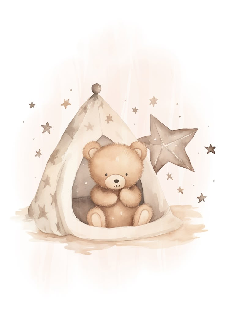 a brown teddy bear sitting in a small tent with stars on the wall behind it