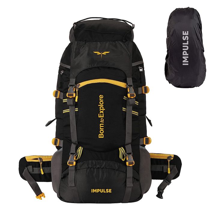 the back pack is black and has yellow accents on it, along with an extra large backpack