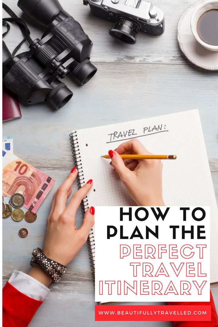 a woman's hand writing on a notebook with the title how to plan the perfect travel itinerary