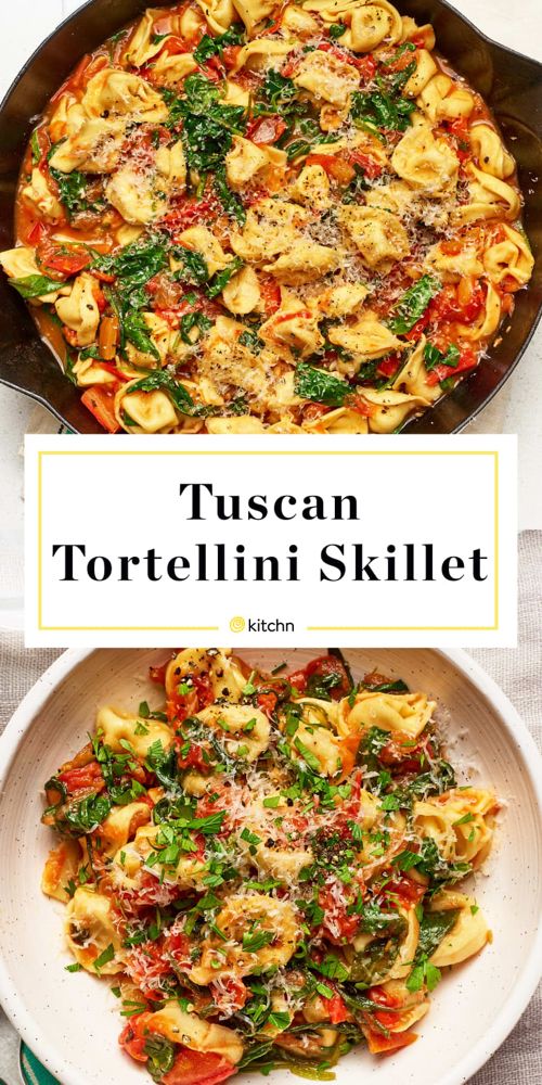 a pan filled with tortellini and spinach next to a skillet full of pasta