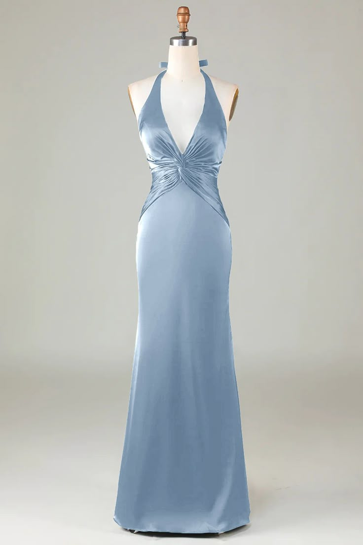 Satin Dress Prom, Satin Dress Formal, Light Blue Dress Black Women, Dress With The Back Out, Beautiful Long Dress, Unique Gown Design Beautiful, Oval Neckline Dress, Neck Halter Dress, Squared Neckline Dresses