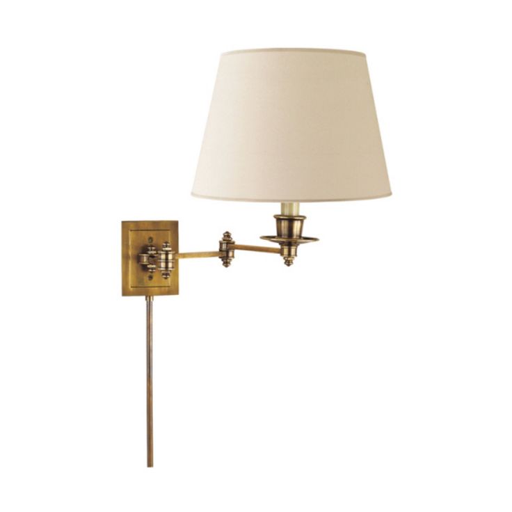 Design Information SKU S 2000HAB-L Parent SKU S2000 Finish Hand-Rubbed Antique Brass Master Finish Natural or Antique Brass Designer Visual Comfort Category Wall Lights Function Functional Style Traditional Color Gold UPC 756808149327 Relatives Swing Arm Sconce Dimensions & Weight Size 17.5 Height (Inches) 13" Width (Inches) 17.5" Extension 18.5" Backplate 3.5" x 4.5" Rectangle Fixture Weight (lbs) 8 Bulb & Electrical Information Socket E26 Dimmer Wattage 100 A19 Bulb Shape A Certi Note DRY Cert Shade Wall, Cord Cover, Lighting Showroom, Wall Light Fixtures, Linen Shades, American Design, Modern Colors, Visual Comfort, New Furniture