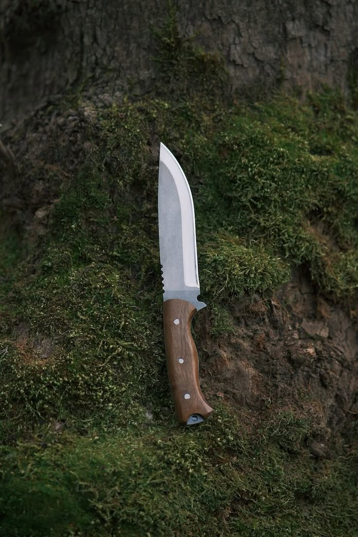 a knife laying on the ground in front of a moss covered tree trunk with its blade sticking out