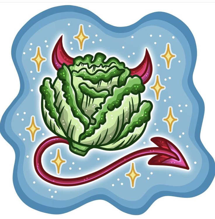 a drawing of a head of lettuce with horns and stars in the background