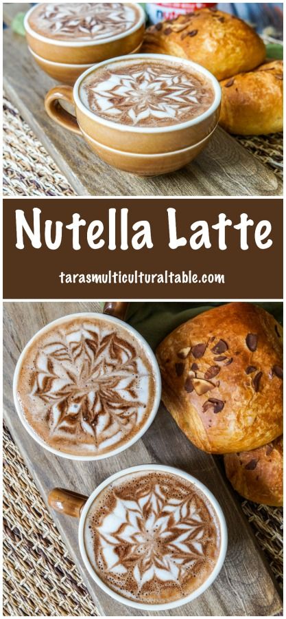 nutella latte with chocolate in the middle and coffee art on the bottom, along with muffins