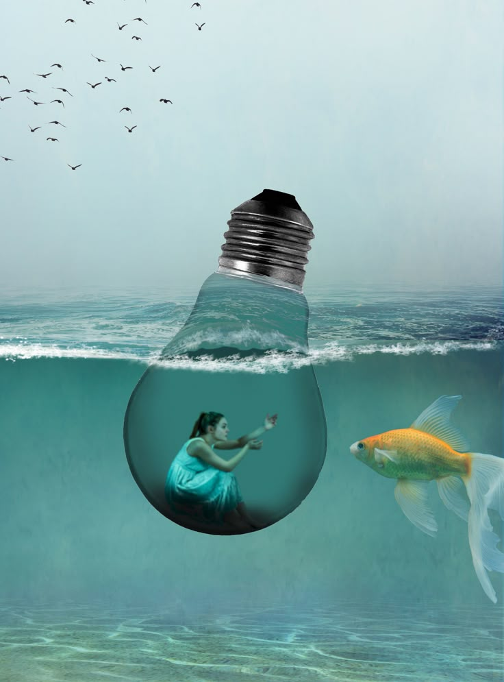 a light bulb floating in the ocean with a woman inside it and birds flying around