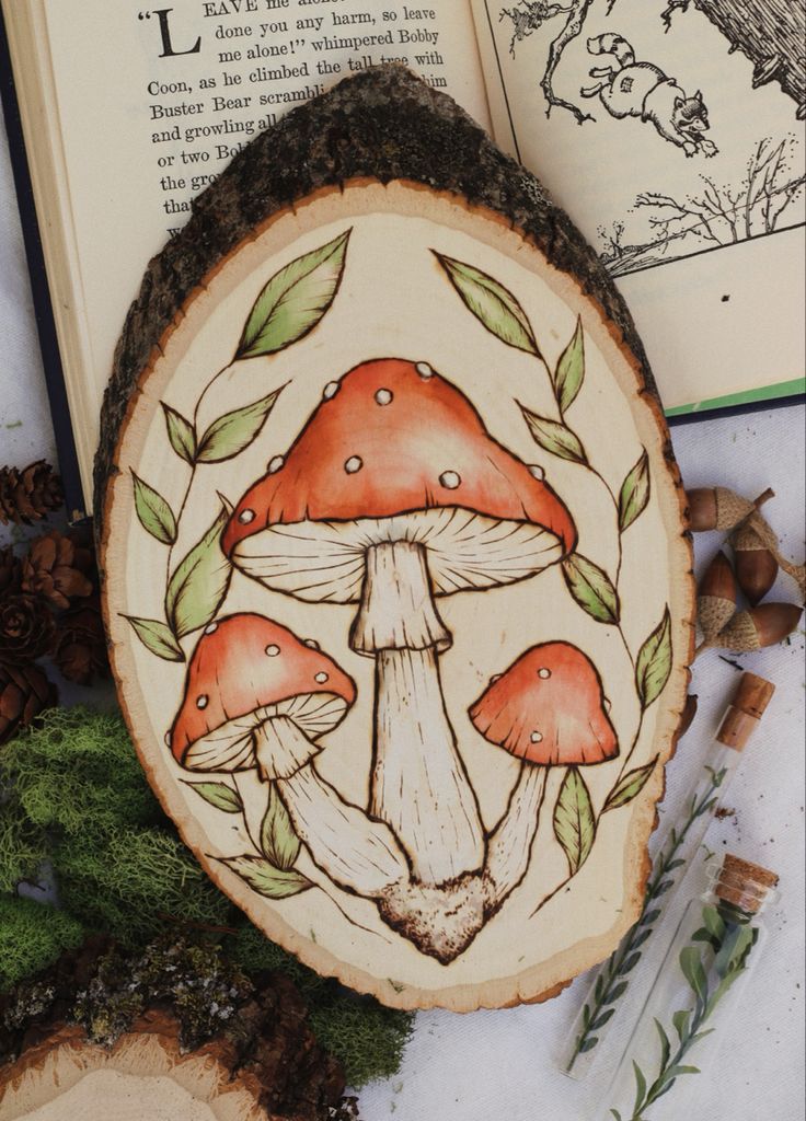 an open book sitting on top of a table next to mushrooms