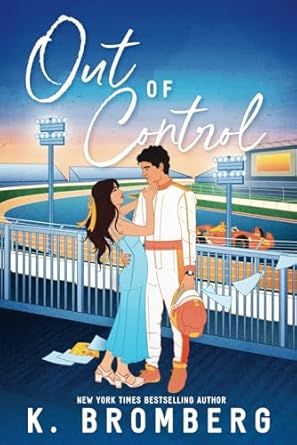 the cover of out of control by k r bromberg, with an illustration of a man and woman standing in front of a baseball field