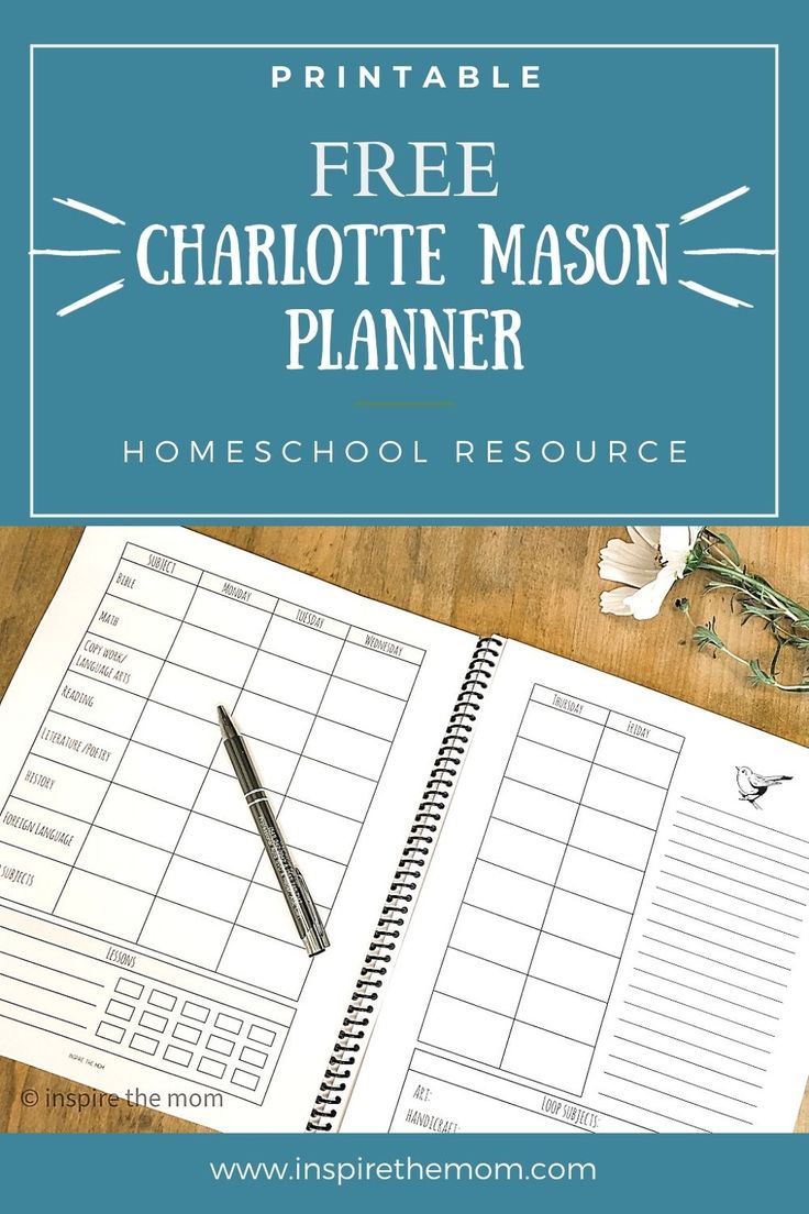 a printable free charlotte mason planner on a table with a pen and flowers in the background