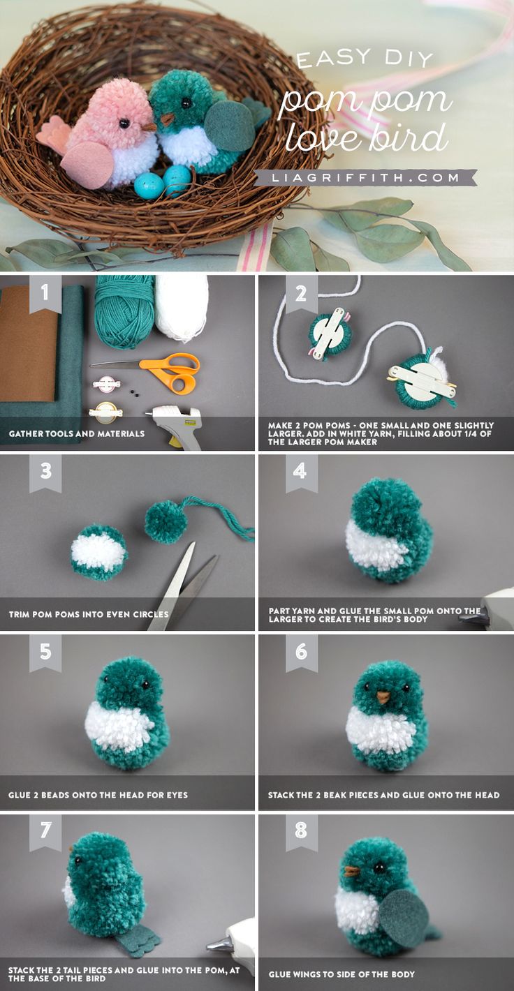 instructions to make an easy diy pom - pom lovebird