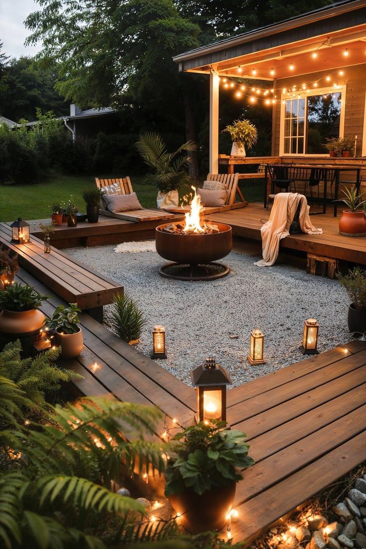 an outdoor patio with lights on the deck and potted plants in the back yard