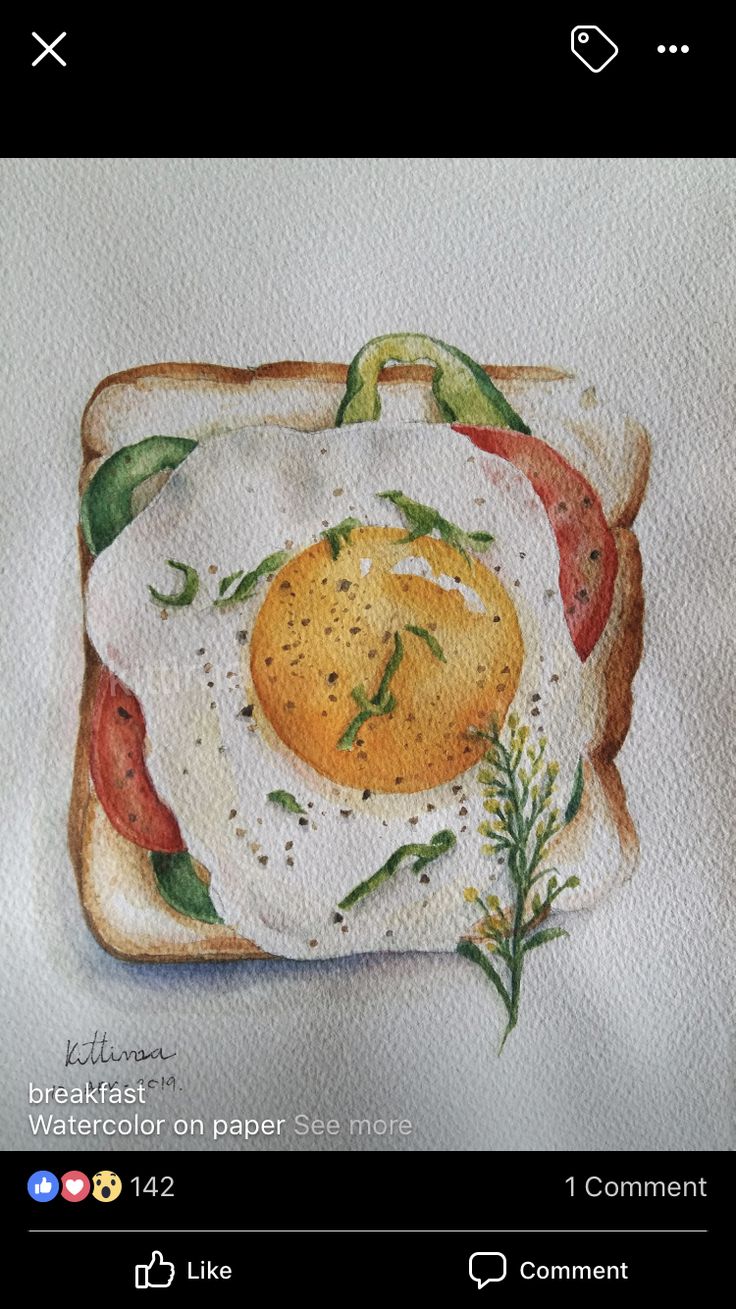 a painting of an egg in a toasted bread with tomatoes and herbs on it