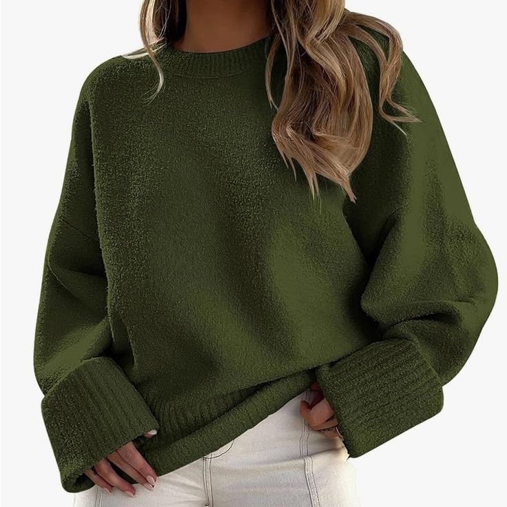 Lillusory Women's Oversized Sweaters Fuzzy Chunky Warm Pullover Sweater. 2xl.Nwt Color: Christmas Green Size: 2xl (Oversized) Fabric Type 50%Polyester, 35%Acrylic, 12%Polyamide, 3%Woo Oversized Sweater Women, Pull Oversize, Pullover Mode, Solid Color Sweater, Crewneck Design, Winter Pullover, Oversized Knitted Sweaters, Chic Sweaters, Oversized Style