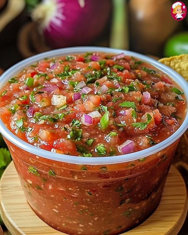 a bowl filled with salsa sitting on top of a wooden plate next to tortilla chips