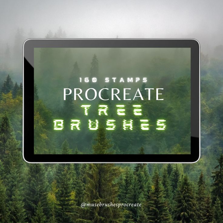 a tablet with the words procreate tree brushes on it and trees in the background