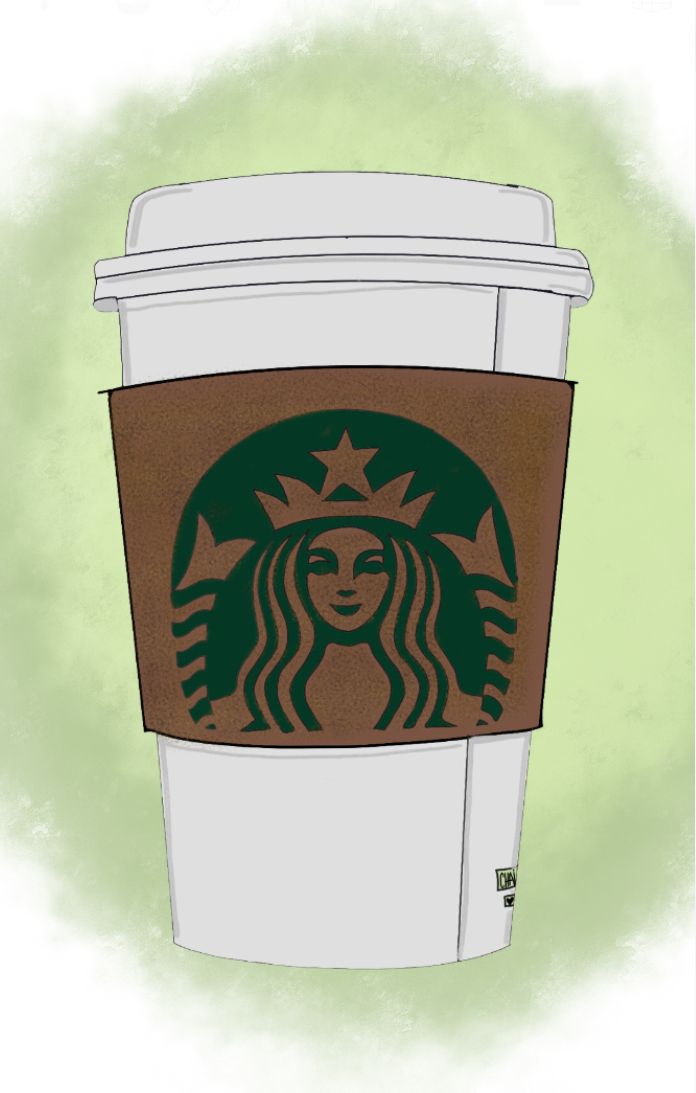 a starbucks cup with a woman's face drawn on the side and stars in the middle