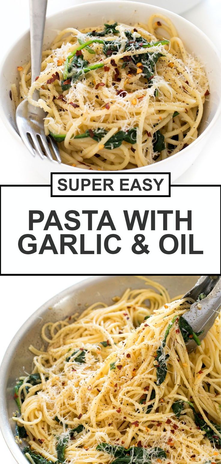 pasta with garlic and oil in a white bowl