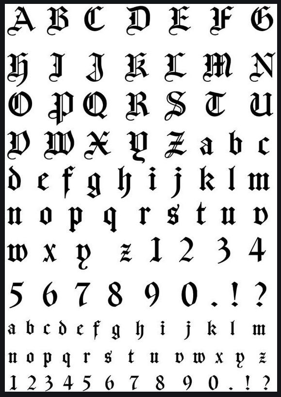 an old english alphabet with the letters and numbers in black ink on a white background