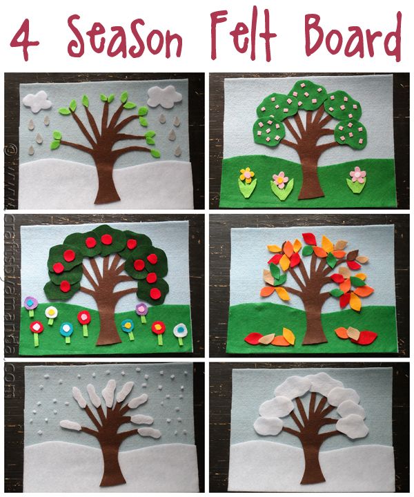 four different pictures of trees made out of felt and paper mache with flowers, leaves, and butterflies on them