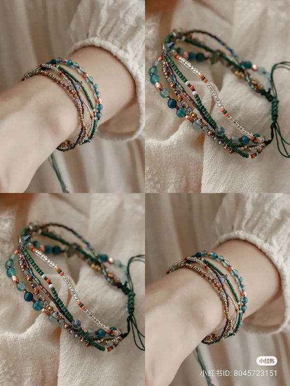 three pictures of different bracelets with beads and stones on each hand, one is wearing a white dress