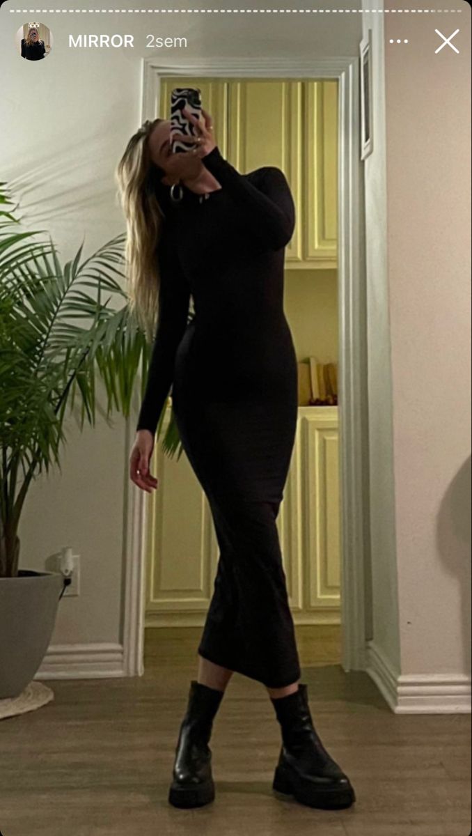 Bodycon Dress Boots Outfit, Skim Dress Outfits Winter, Long Black Dress Outfit Casual Winter, Black Dress Winter Outfit Classy, Long Turtleneck Dress Outfit, Casual Long Black Dress Outfit, Long Black Dress Winter Outfit, Black Midi Dress With Boots, Long Dress With Jacket Outfit