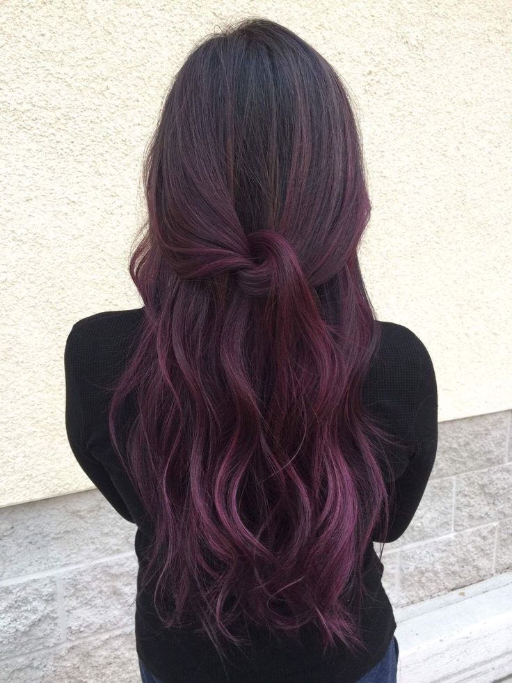 Brown Hair With Plum Balayage, Ombre Plum Hair, Maroon Plum Hair, Dark Red Hair With Purple Highlights, Blackberry Highlights On Brown Hair, Balayage Hair Violet, Balayage Wine Hair, Eggplant Brunette Hair, Dark Hair Color Ideas Purple