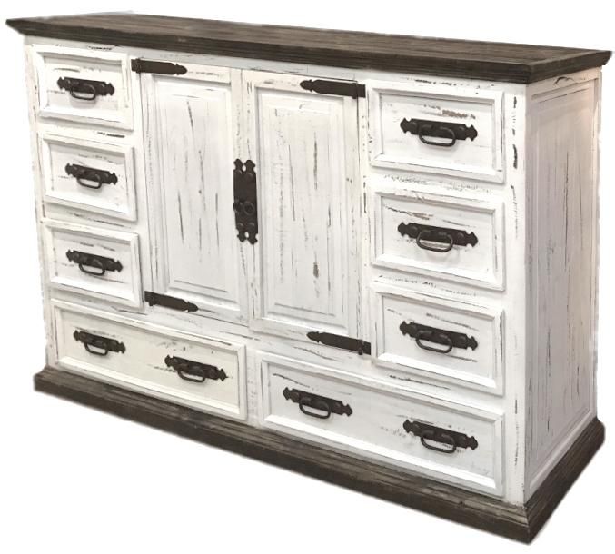 an old white dresser with drawers and knobs on the doors is isolated against a white background