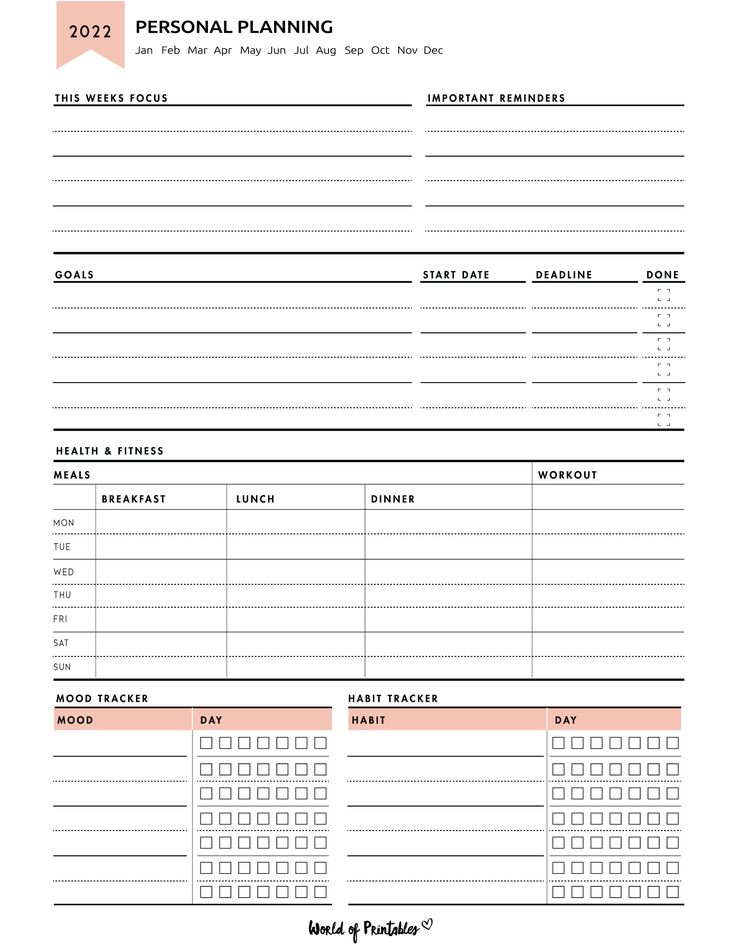 the printable personal planning sheet is shown in pink and white, with an orange border