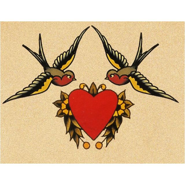 two birds flying over a red heart with leaves and flowers on it's wings