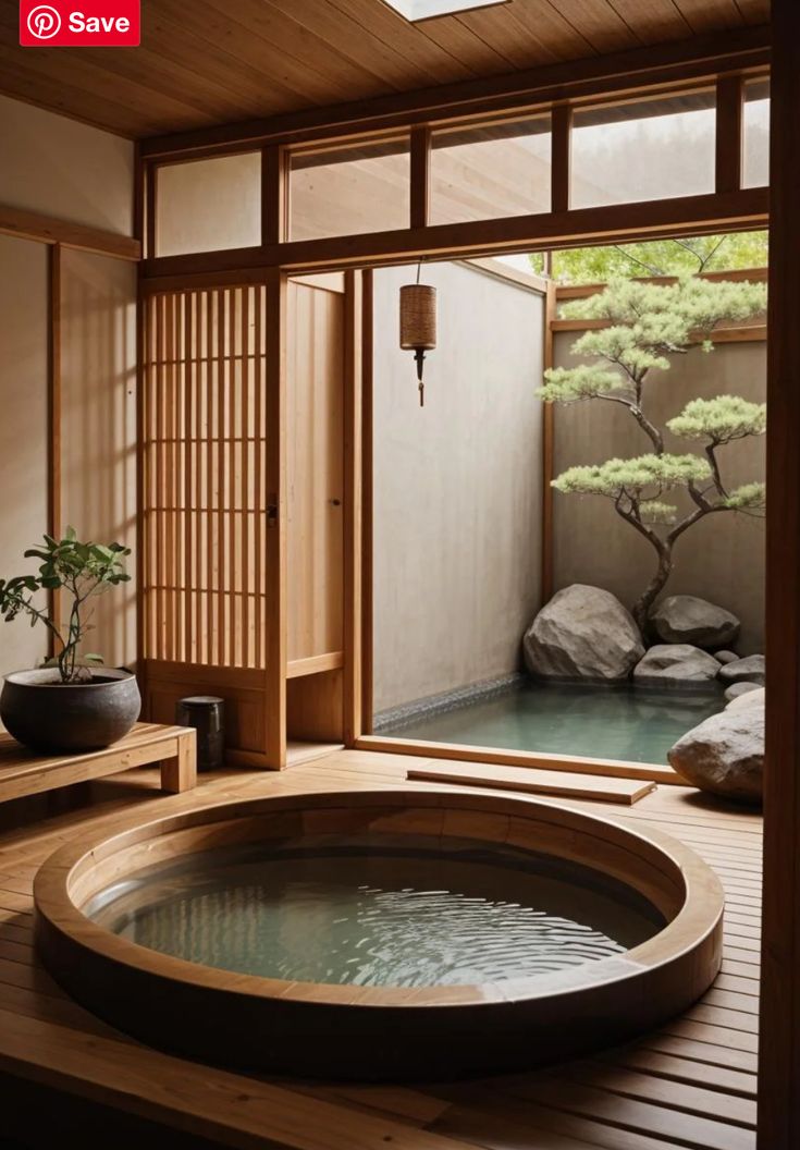 an indoor hot tub in the middle of a room